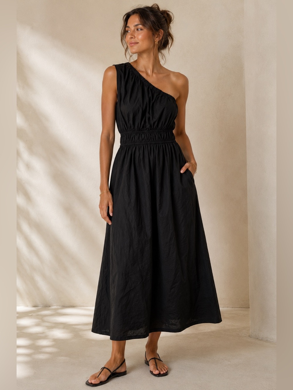 Rails Selani Black One Shoulder Ruched Waist Boho Minimalist Midi Dress size XS